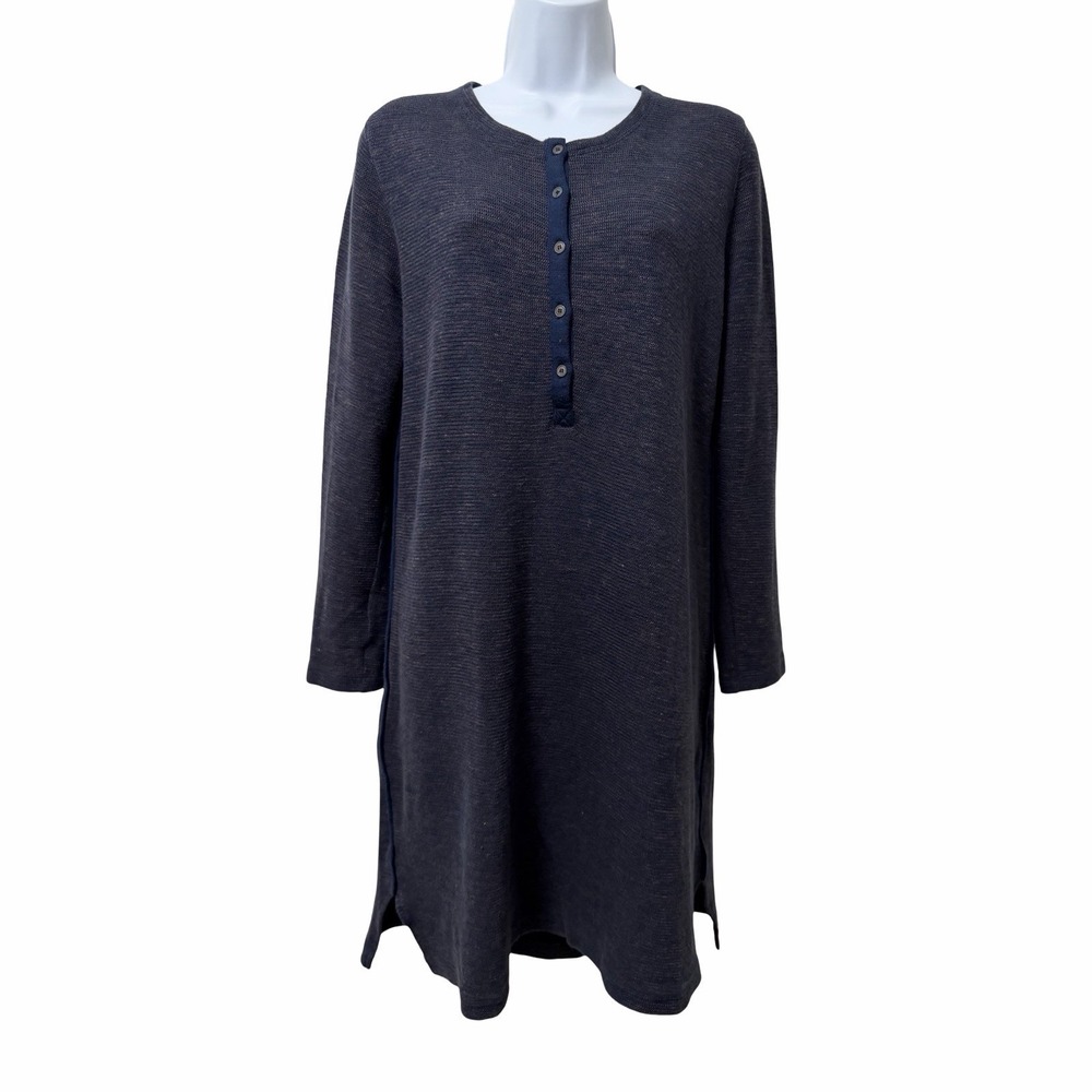 POETRY Cotton Linen Knit Henley Shift Mini Dress UK 10 US 6 Navy Cozy Lagenlook